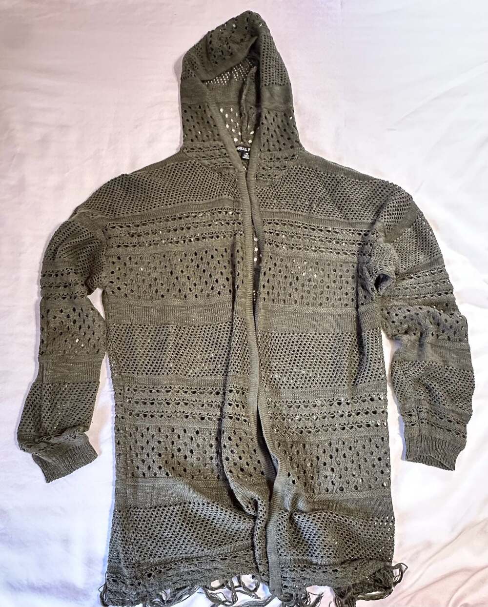 Moral Fiber Olive Green Open Front Hooded Knit Cardigan with Fringe Size 1X